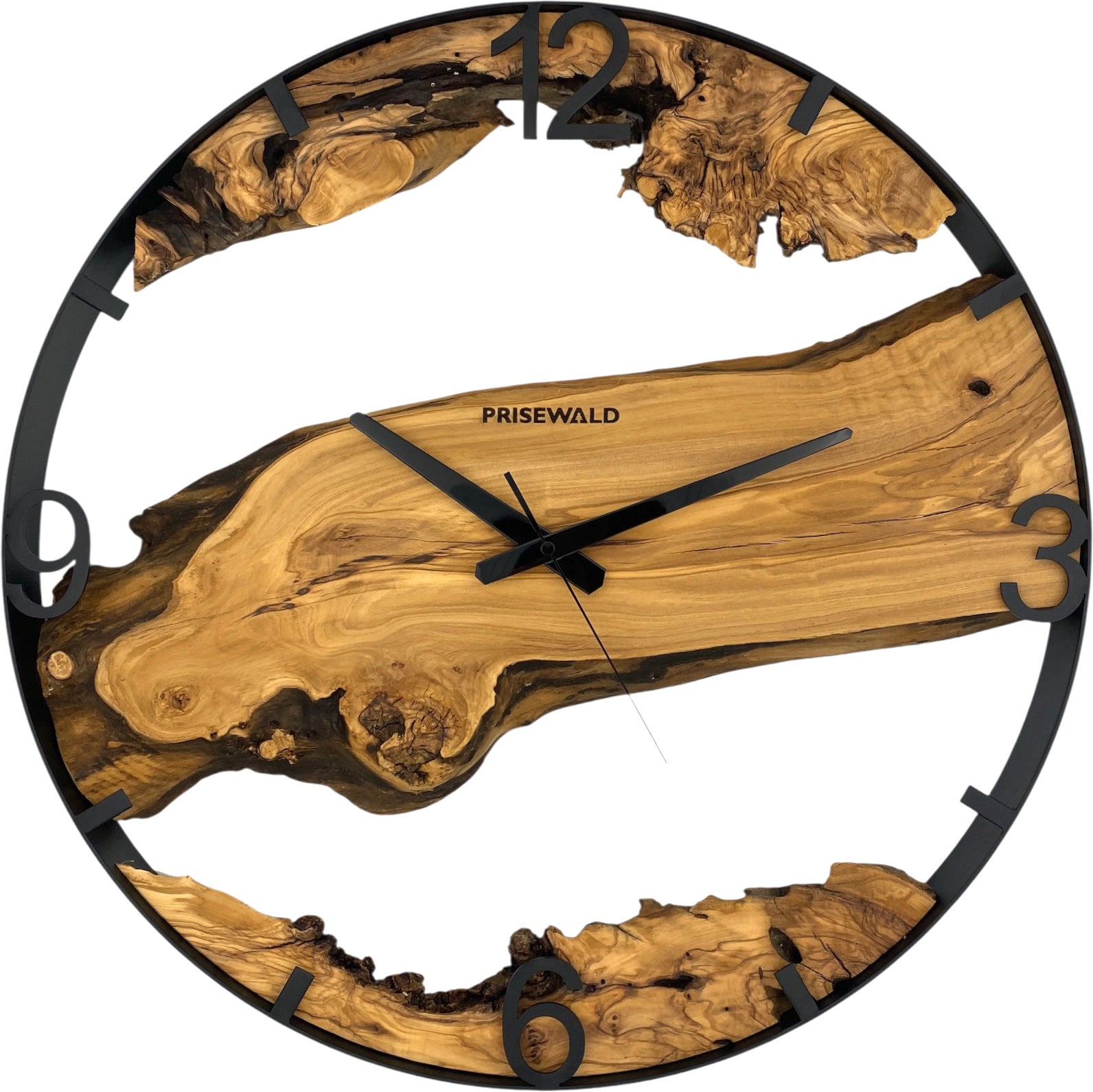 Runde Wanduhr aus Olivenholz, 50 cm, schwarzer Rahmen, arabische Ziffern
