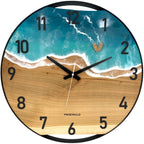 Horloge murale ronde en bois de frêne, 50 cm, cadre noir, chiffres arabes, résine époxy bleue, mousse verte, pierres, côte, cabane et palmier