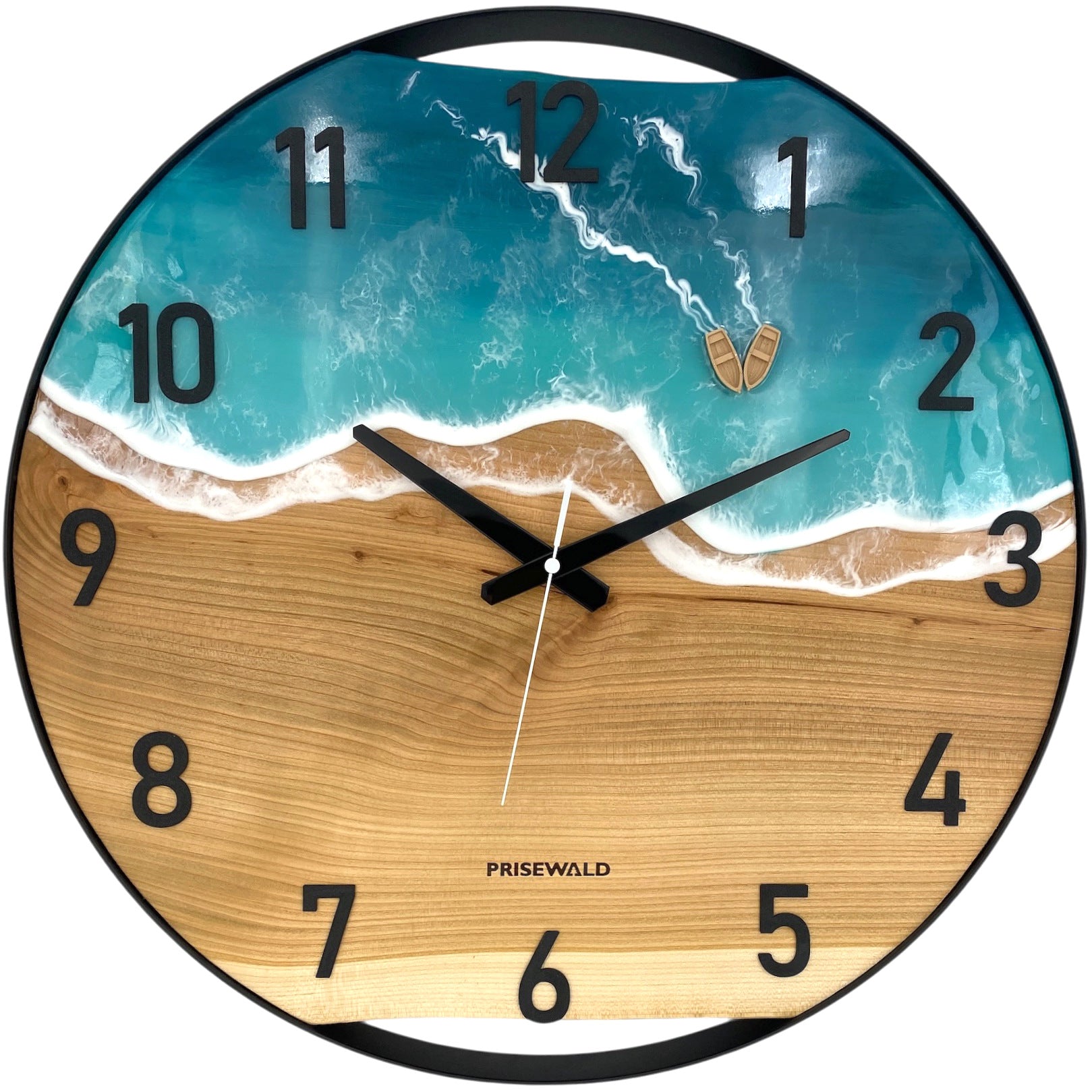 Horloge murale ronde en bois de frêne, 50 cm, cadre noir, chiffres arabes, résine époxy bleue, mousse verte, pierres, côte, cabane et palmier