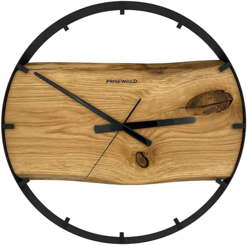 Runde Wanduhr aus Eichenholz, 50 cm, schwarzer Rahmen, Teilstriche Ziffern