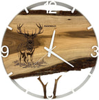 Runde Wanduhr aus Walnussholz, 50 cm, weisser Rahmen, arabische Ziffern, Hirsch