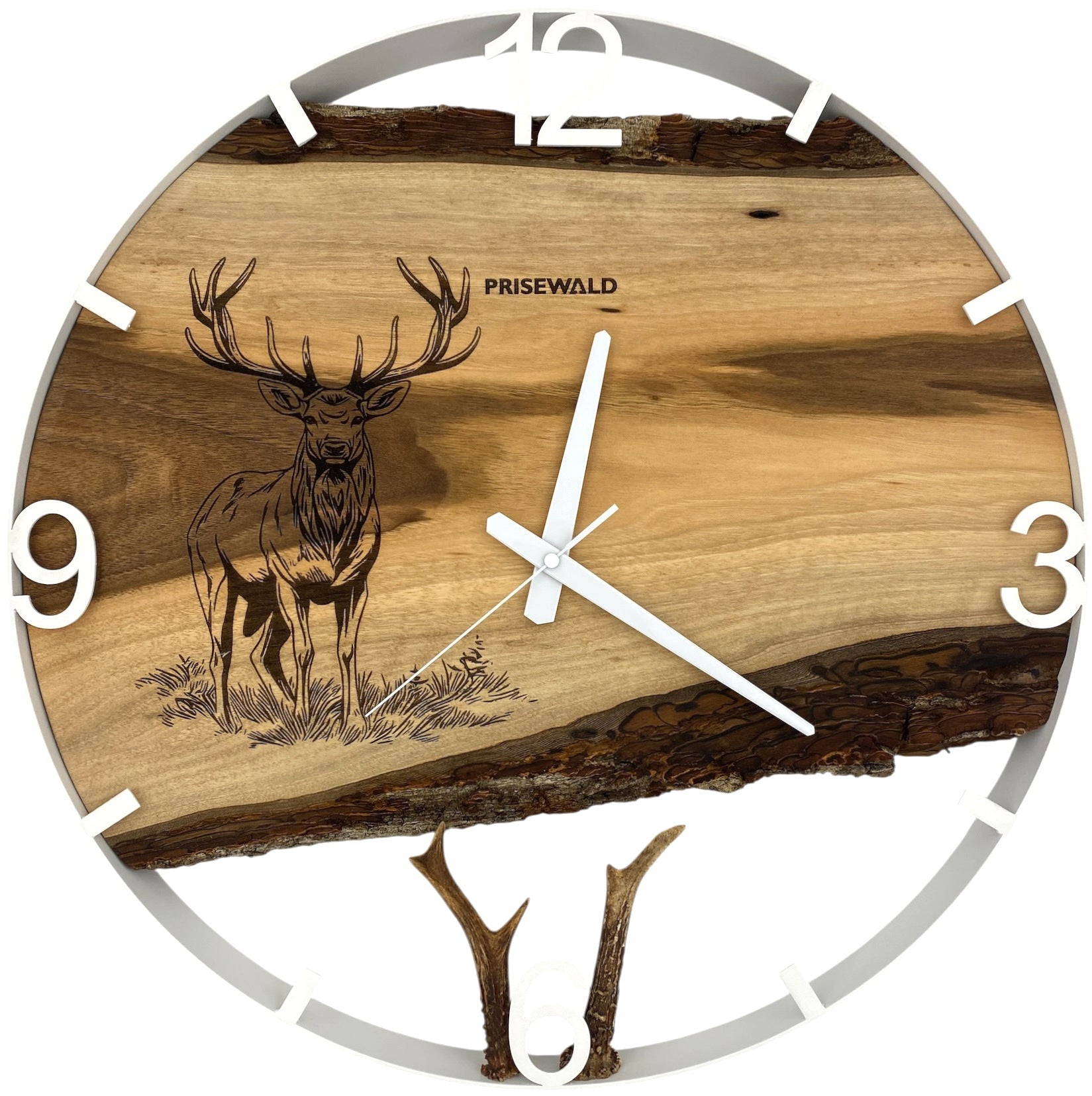 Runde Wanduhr aus Walnussholz, 50 cm, weisser Rahmen, arabische Ziffern, Hirsch