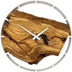 Round wall clock made of olive wood, 35 cm, black frame, graduations, numerals, Kalashnikov AK-47, cartridges