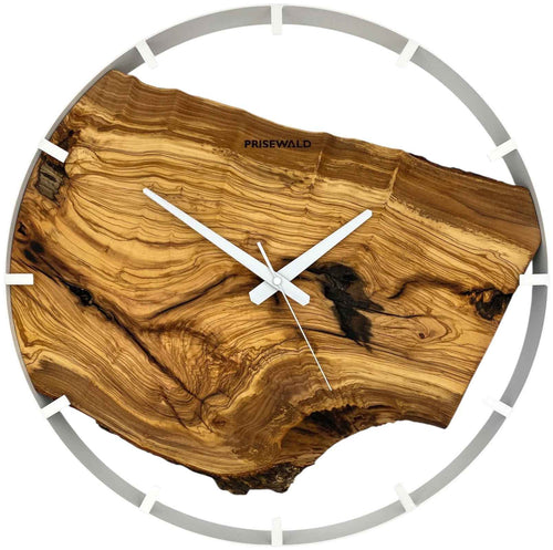 Runde Wanduhr aus Olivenholz, 50 cm, weisser Rahmen, Teilstriche Ziffern