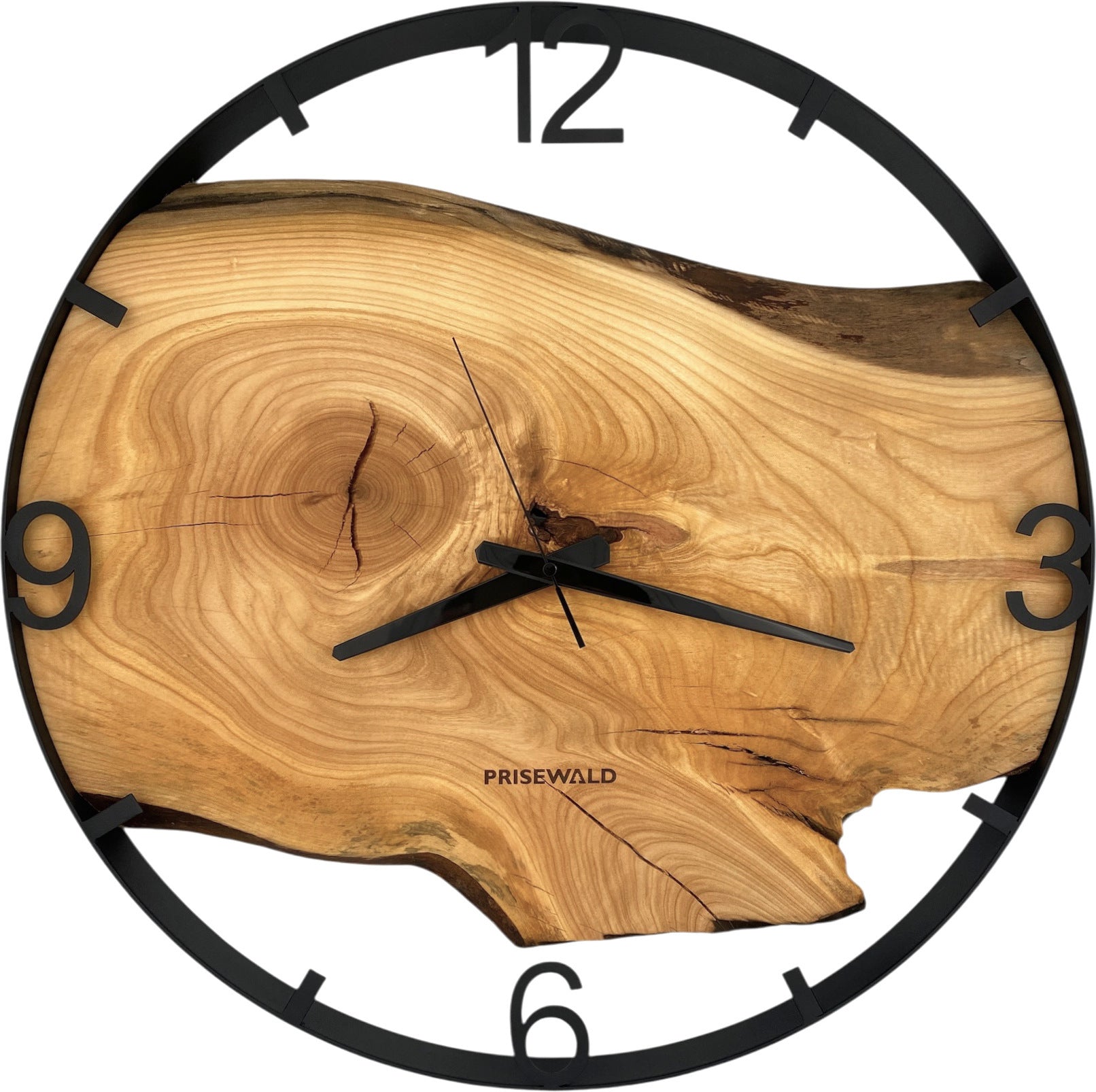 Runde Wanduhr aus Eschenholz, 50 cm, schwarzer Rahmen, arabische Ziffern