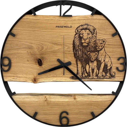 Runde Wanduhr aus Eichenholz, 50 cm, schwarzer Rahmen, arabische Ziffern, Löwenfamilie
