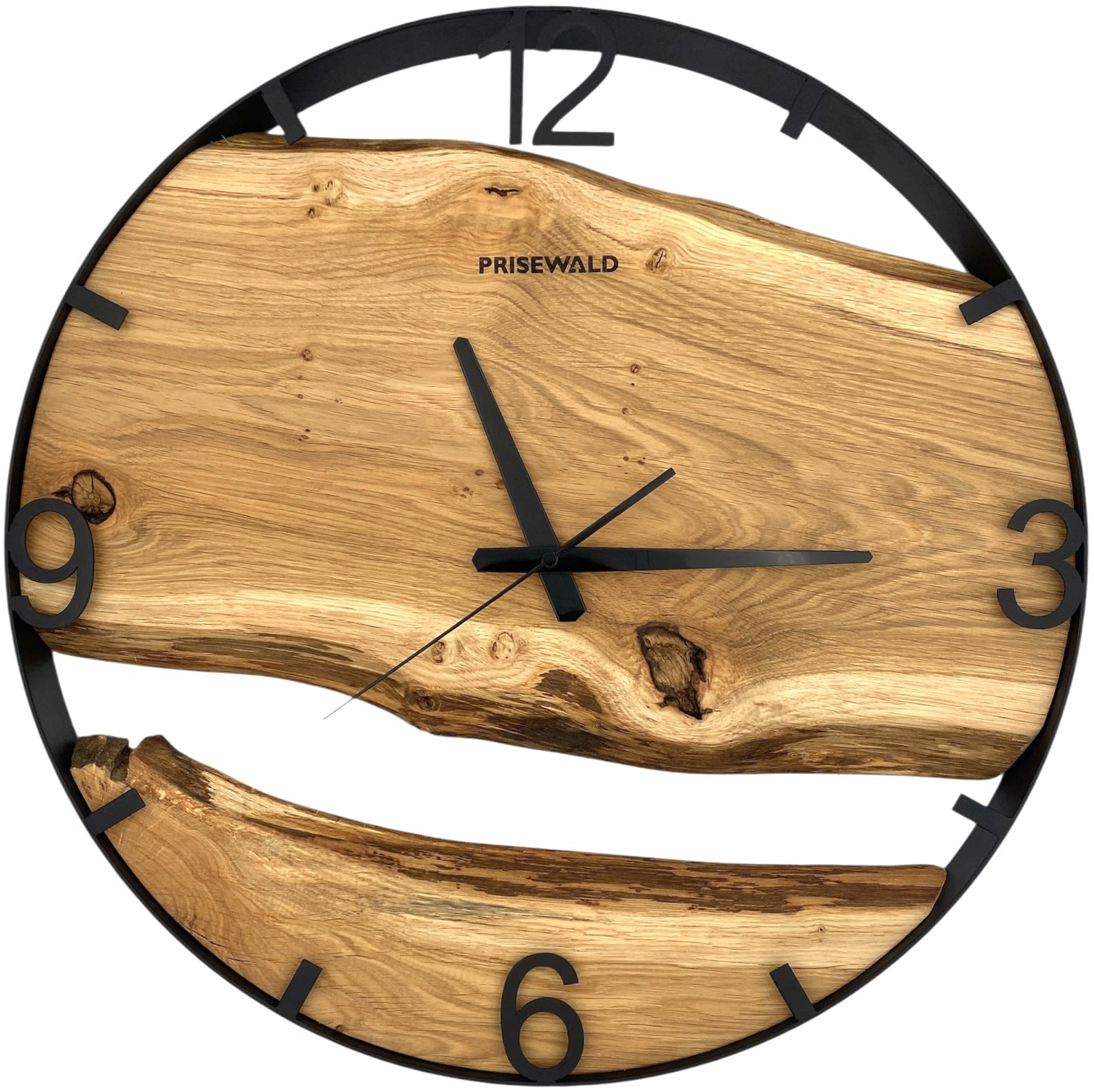 Runde Wanduhr aus Eichenholz, 50 cm, schwarzer Rahmen, arabische Ziffern, klassische Uhr