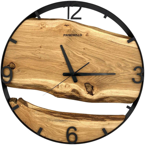 Runde Wanduhr aus Eichenholz, 50 cm, schwarzer Rahmen, arabische Ziffern, klassische Uhr