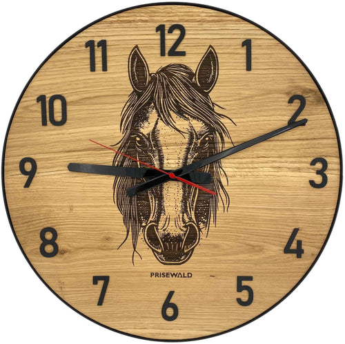 Runde Wanduhr aus Eichenholz, 50 cm, schwarzer Rahmen, arabische Ziffern, Pferdekopf