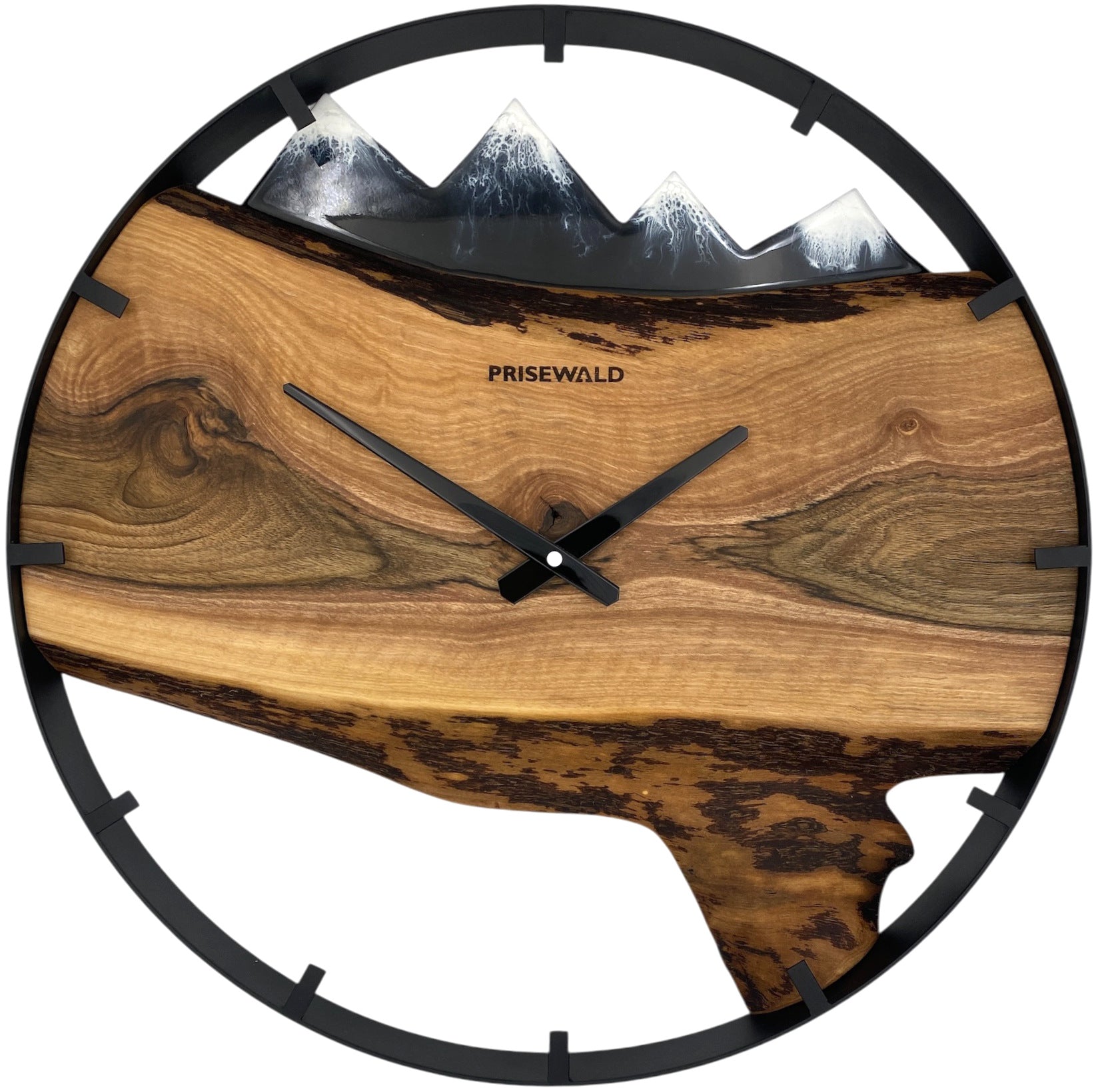 Round walnut wood wall clock, 35 cm, black frame, Arabic numerals, black epoxy resin, cows, snow-covered mountains in the background