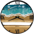 Runde Wanduhr aus Eichenholz, 50 cm, schwarzer Rahmen, römische Ziffern, türkises Epoxidharz, Motorboot auf dem Wasser