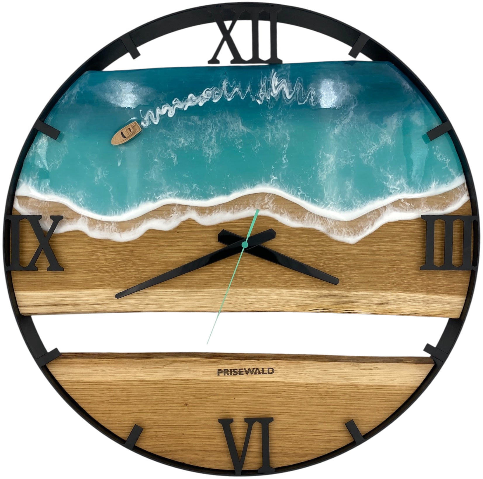 Round oak wall clock, 50 cm, black frame, dash numerals, turquoise epoxy resin, green moss, stones, two turtles