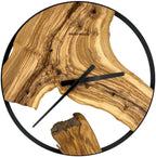 Round wall clock made of olive wood, 50 cm, black frame, graduations and numerals
