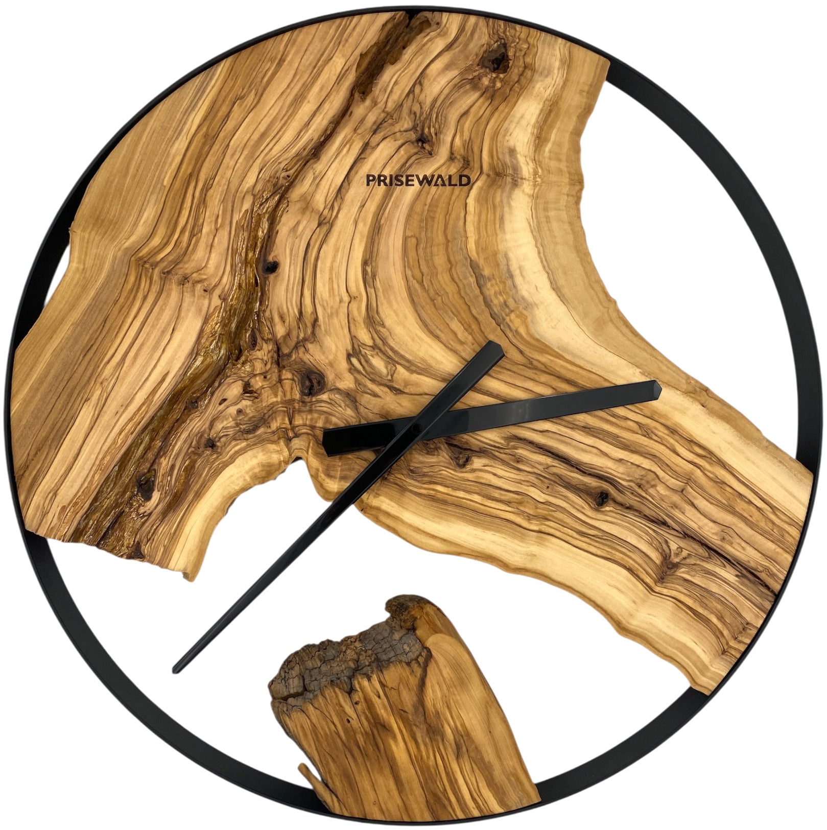 Round wall clock made of olive wood, 50 cm, black frame, graduations and numerals
