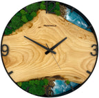 Round ash wood wall clock, 50 cm, black frame, Roman numerals, turquoise epoxy resin, green moss, stones, coast