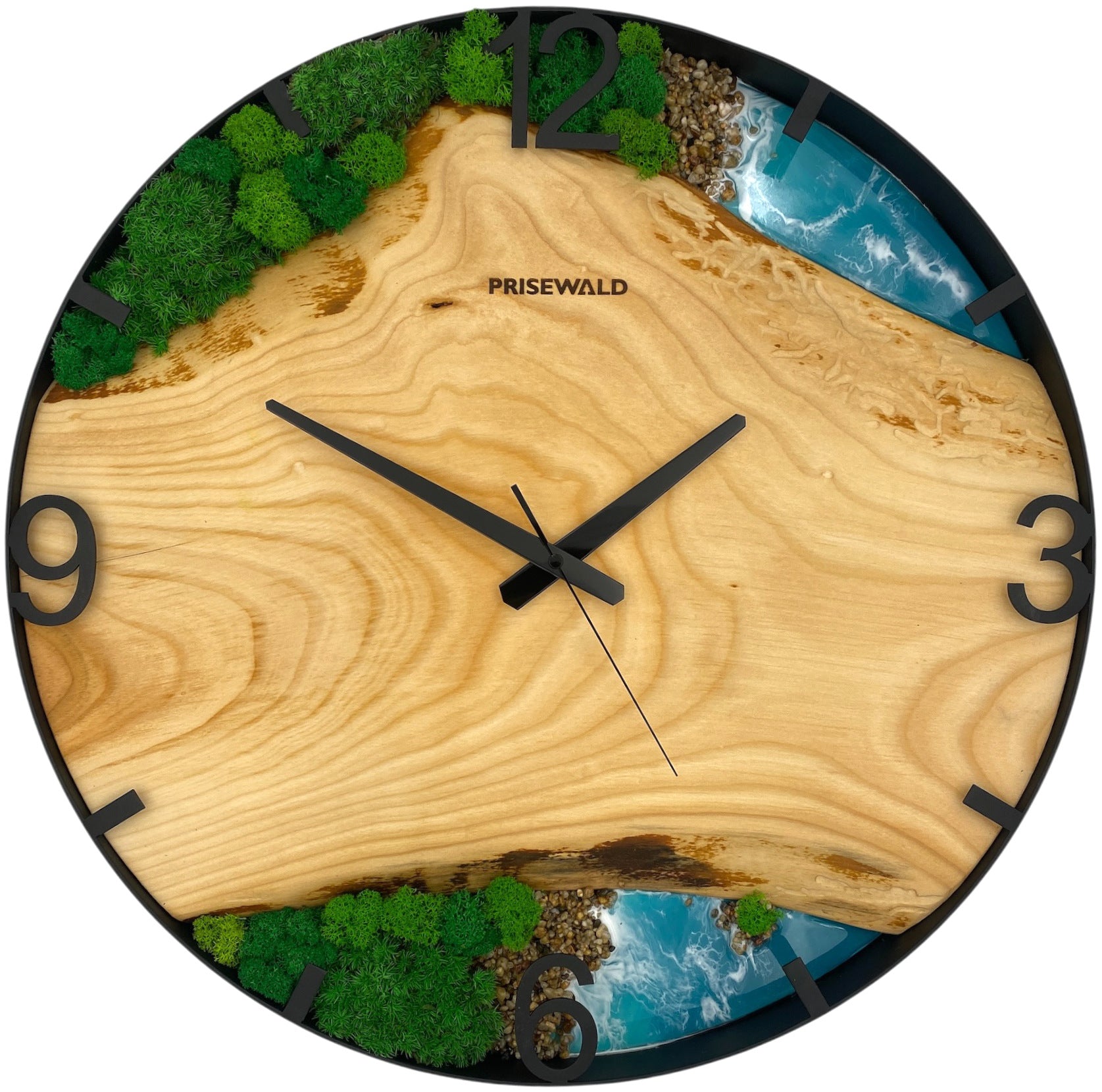 Round ash wood wall clock, 50 cm, black frame, Roman numerals, turquoise epoxy resin, green moss, stones, coast