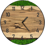 Horloge murale ronde en noyer, 50 cm, cadre noir, chiffres arabes, résine époxy bleue, mousse verte, pierres, côte, kayak