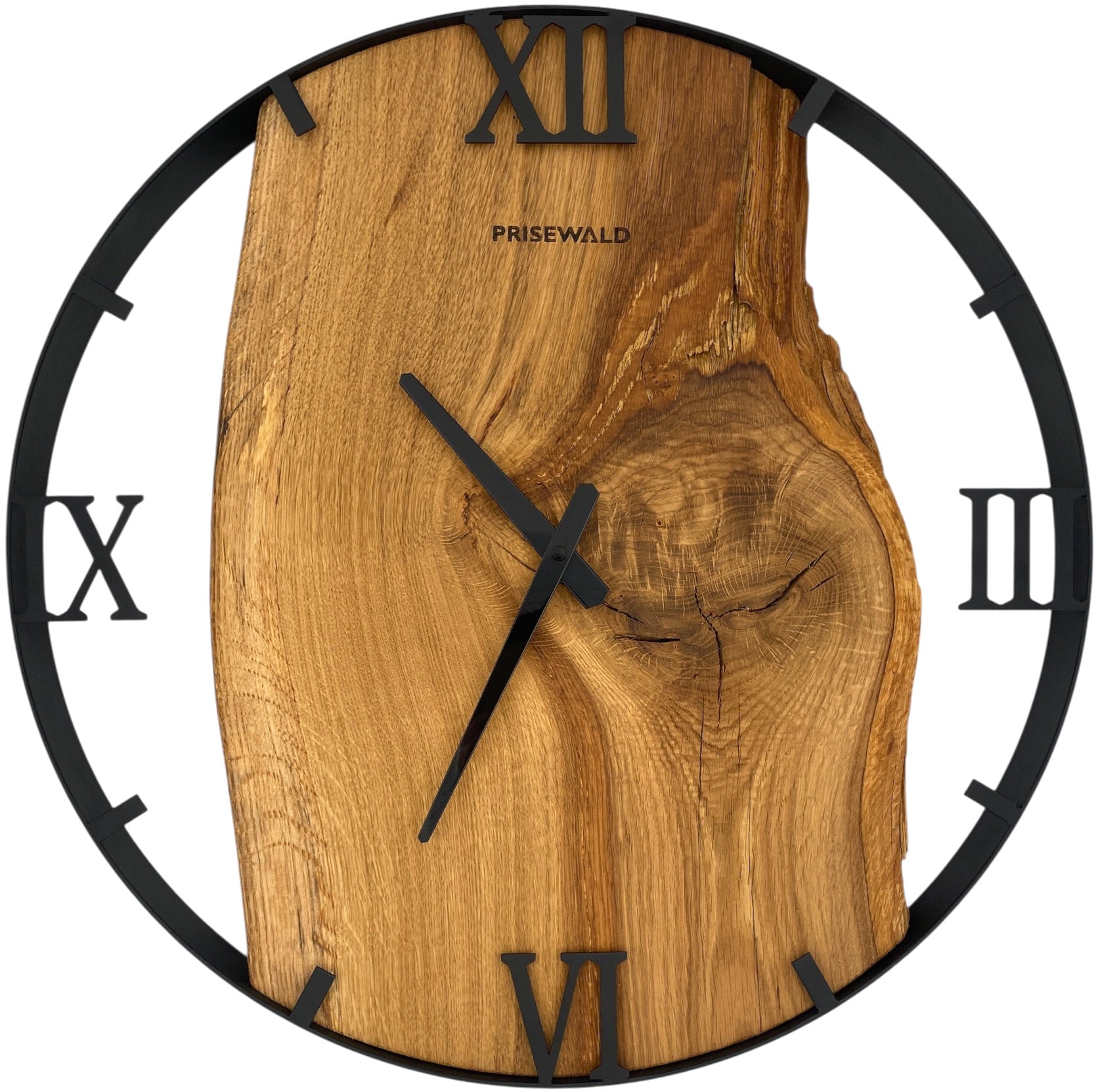 Runde Wanduhr aus Eichenholz, 50 cm, schwarzer Rahmen, römische Ziffern