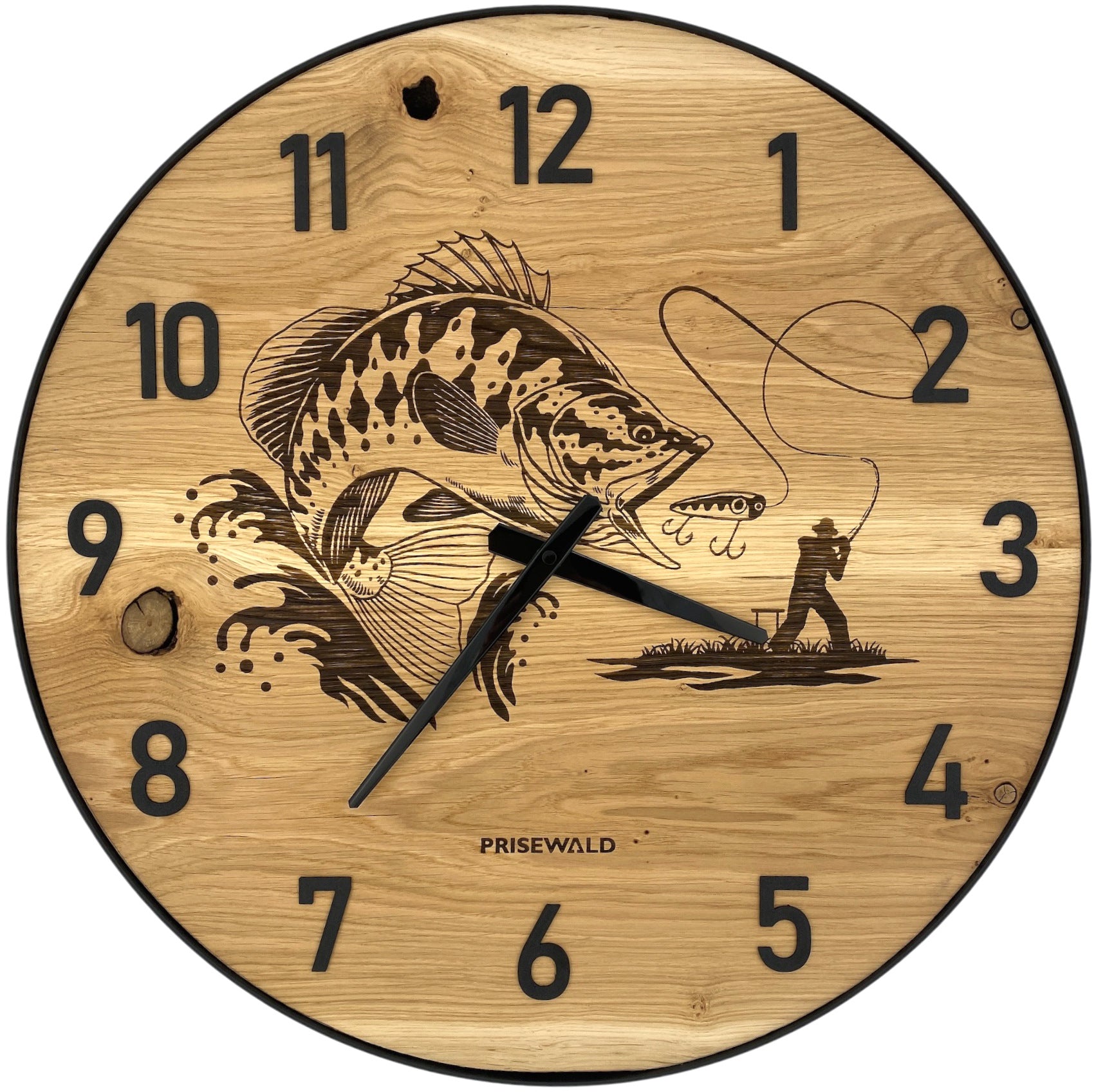 Runde Wanduhr aus Eichenholz, 50 cm, schwarzer Rahmen, arabische Ziffern, Fischer