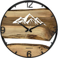 Runde Wanduhr aus Walnussholz, 50 cm, schwarzer Rahmen, arabische Ziffern, verschneite Berge
