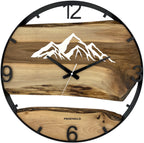 Runde Wanduhr aus Walnussholz, 50 cm, schwarzer Rahmen, arabische Ziffern, verschneite Berge