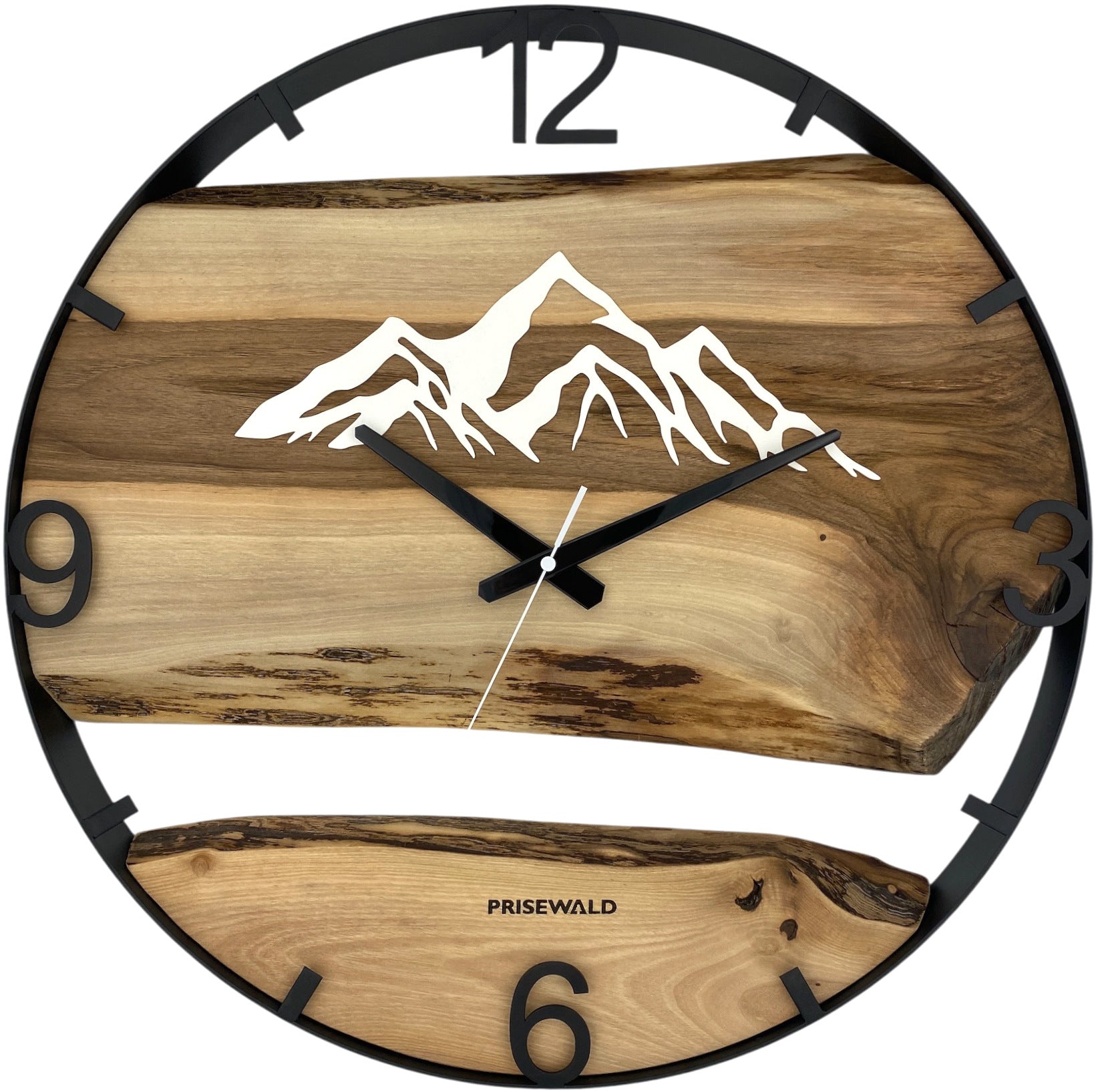 Runde Wanduhr aus Walnussholz, 50 cm, schwarzer Rahmen, arabische Ziffern, verschneite Berge