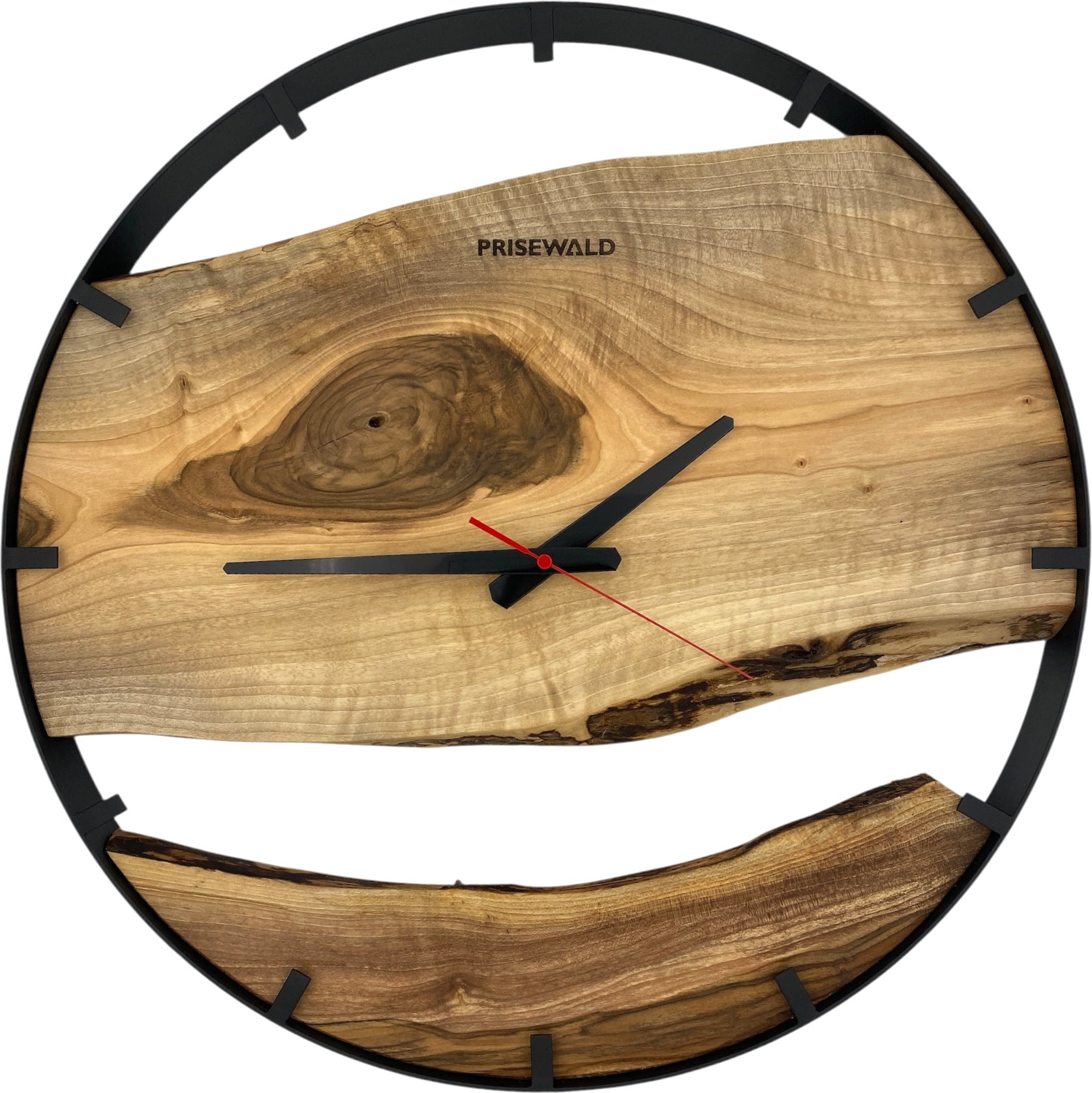 Horloge murale ronde en noyer, 50 cm, cadre noir, graduations chiffrées