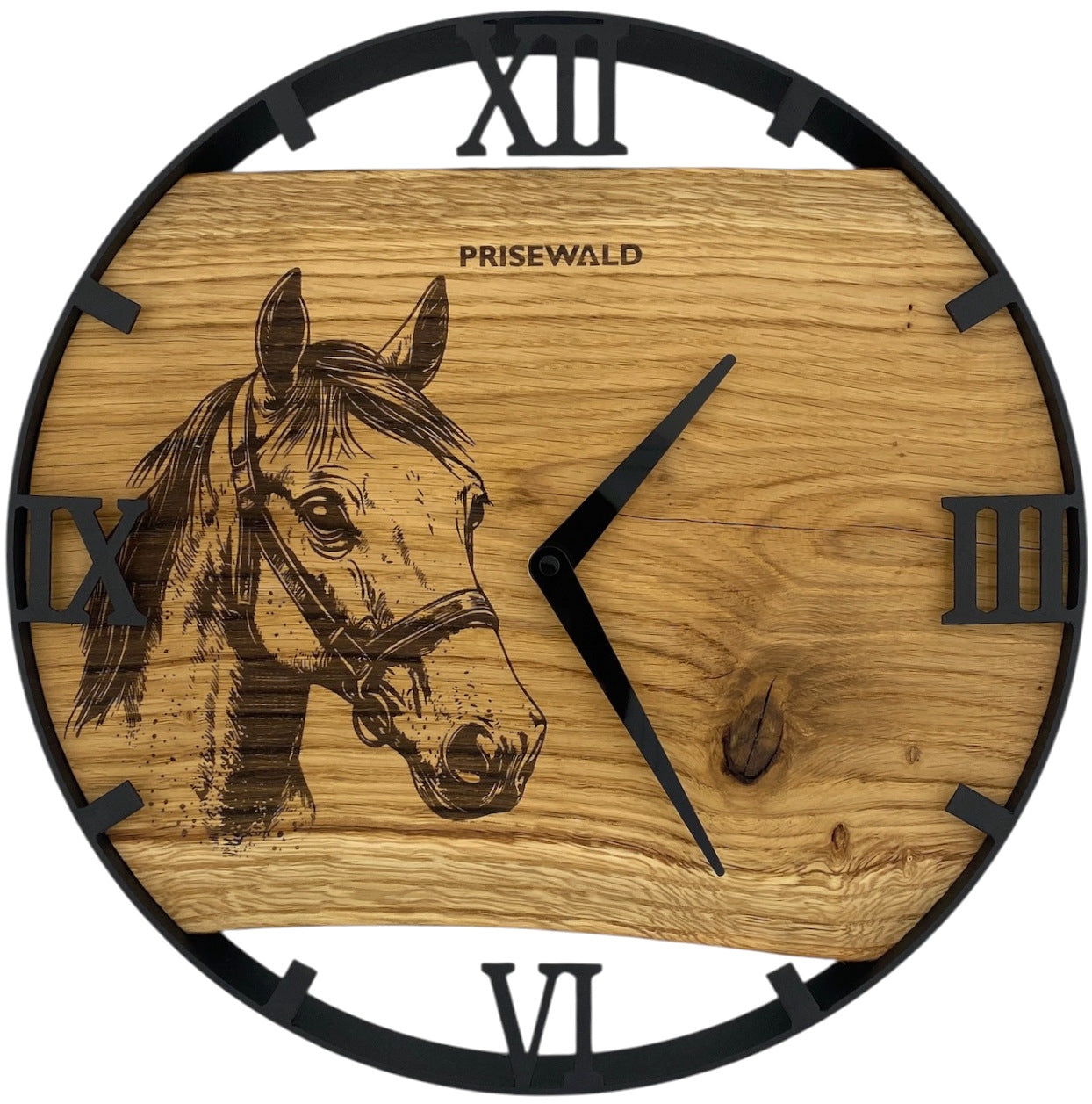 Runde Wanduhr aus Eichenholz, 35 cm, schwarzer Rahmen, römische Ziffern, Pferdekopf