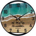 Runde Wanduhr aus Walnussholz, 35 cm, schwarzer Rahmen, arabische Ziffern, türkises Epoxidharz, Flamingos