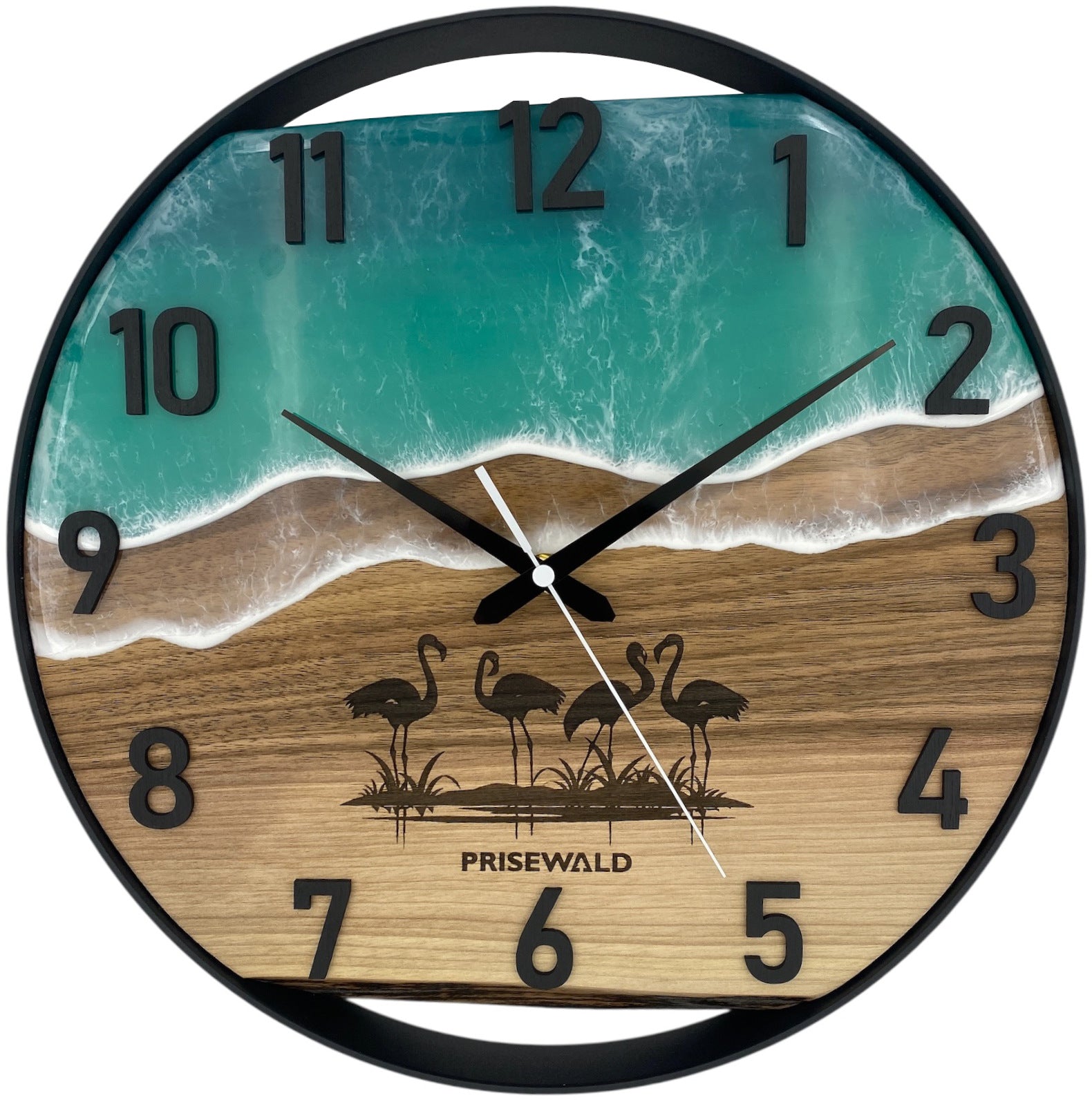 Runde Wanduhr aus Walnussholz, 35 cm, schwarzer Rahmen, arabische Ziffern, türkises Epoxidharz, Flamingos