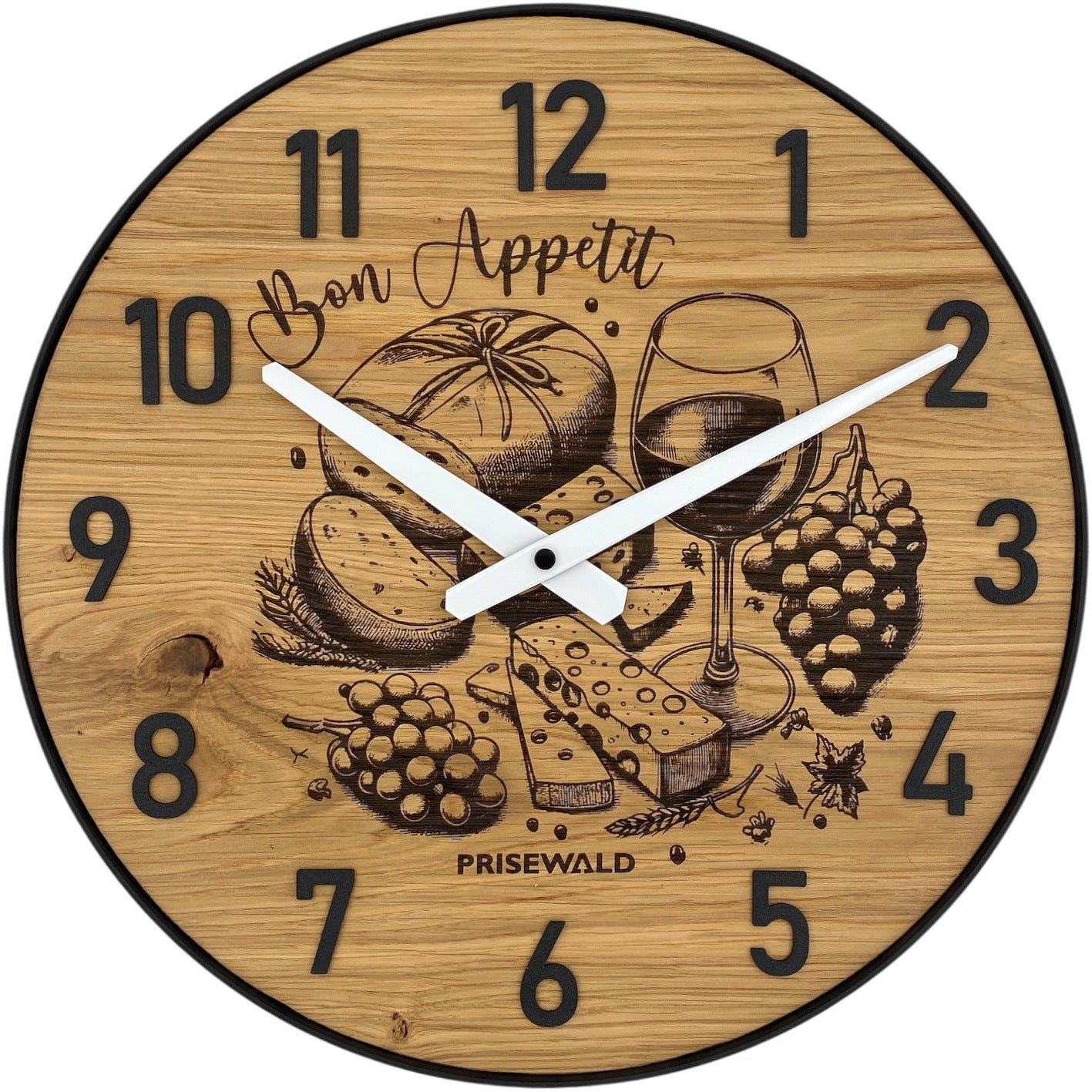 Runde Wanduhr aus Eichenholz, 35 cm, schwarzer Rahmen, arabische Ziffern, Käseplatte und Wein, Bon Appetit