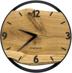 Round oak wall clock, 35 cm, black frame, Arabic numerals, conifers