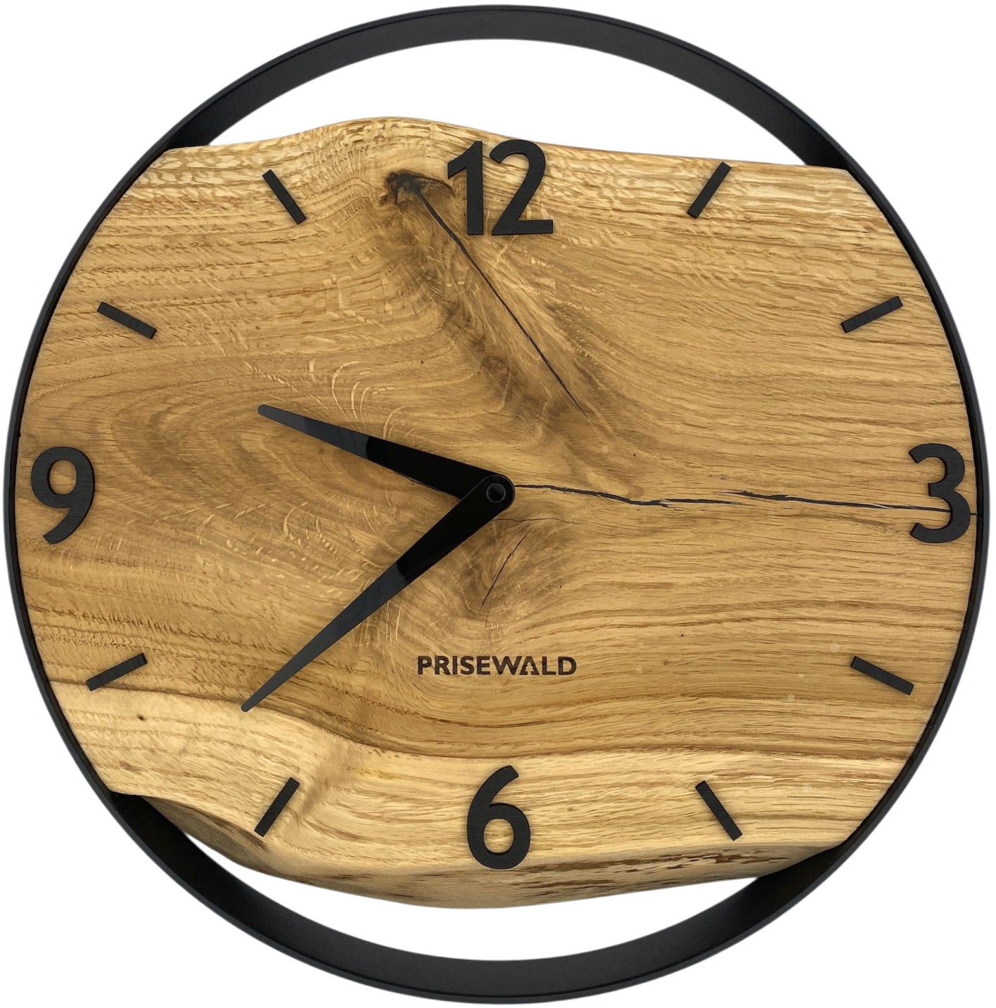 Round oak wall clock, 35 cm, black frame, Arabic numerals, conifers