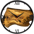 Runde Wanduhr aus Olivenholz, 35 cm, schwarzer Rahmen, römische Ziffern