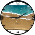 Runde Wanduhr aus Eichenholz, 35 cm, schwarzer Rahmen, arabische Ziffern, türkises Epoxidharz
