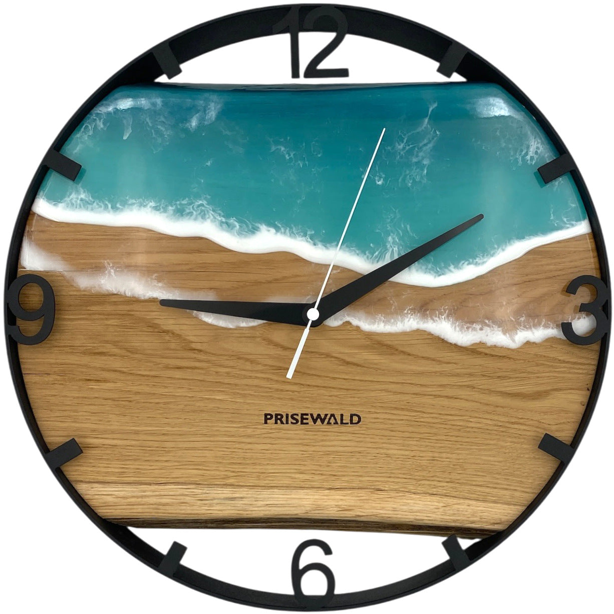 Horloge murale ronde en chêne, 35 cm, cadre noir, chiffres arabes, époxy bleu, baleines