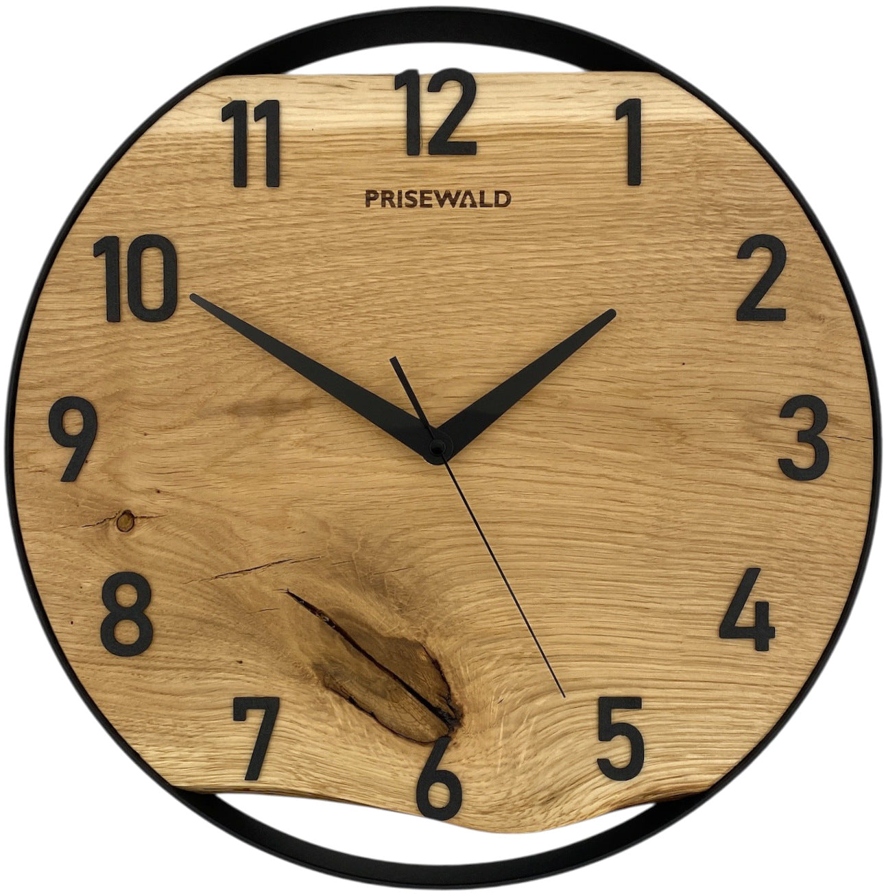 Runde Wanduhr aus Eichenholz, 35 cm, schwarzer Rahmen, arabische Ziffern