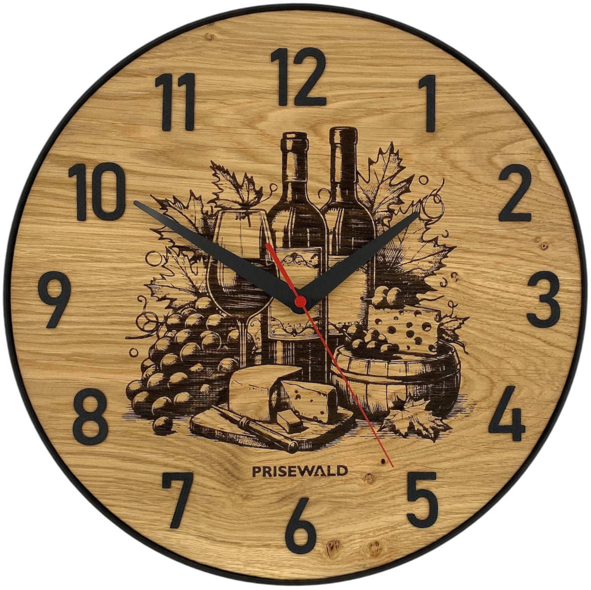 Runde Wanduhr aus Eichenholz, 35 cm, schwarzer Rahmen, arabische Ziffern, Käseplatte und Wein