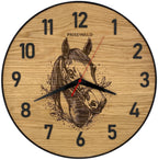 Runde Wanduhr aus Eichenholz, 35 cm, schwarzer Rahmen, arabische Ziffern, Pferdekopf