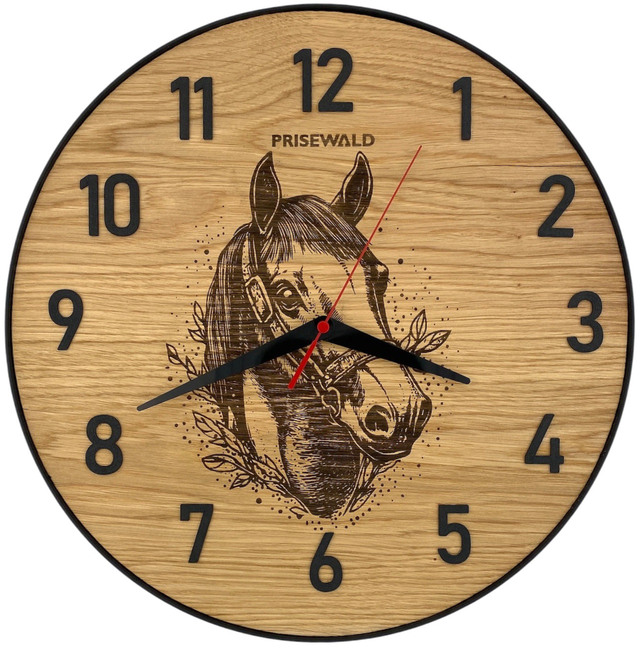 Runde Wanduhr aus Eichenholz, 35 cm, schwarzer Rahmen, arabische Ziffern, Pferdekopf