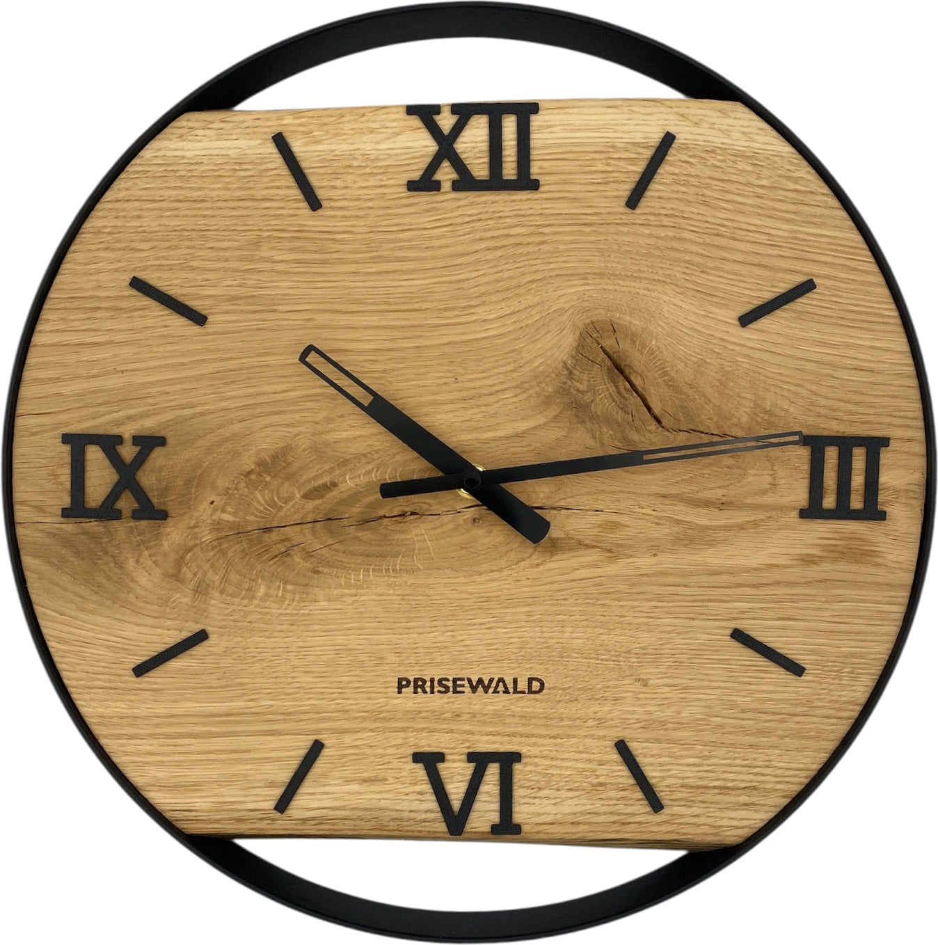 Runde Wanduhr aus Eichenholz, 35 cm, schwarzer Rahmen, römische Ziffern
