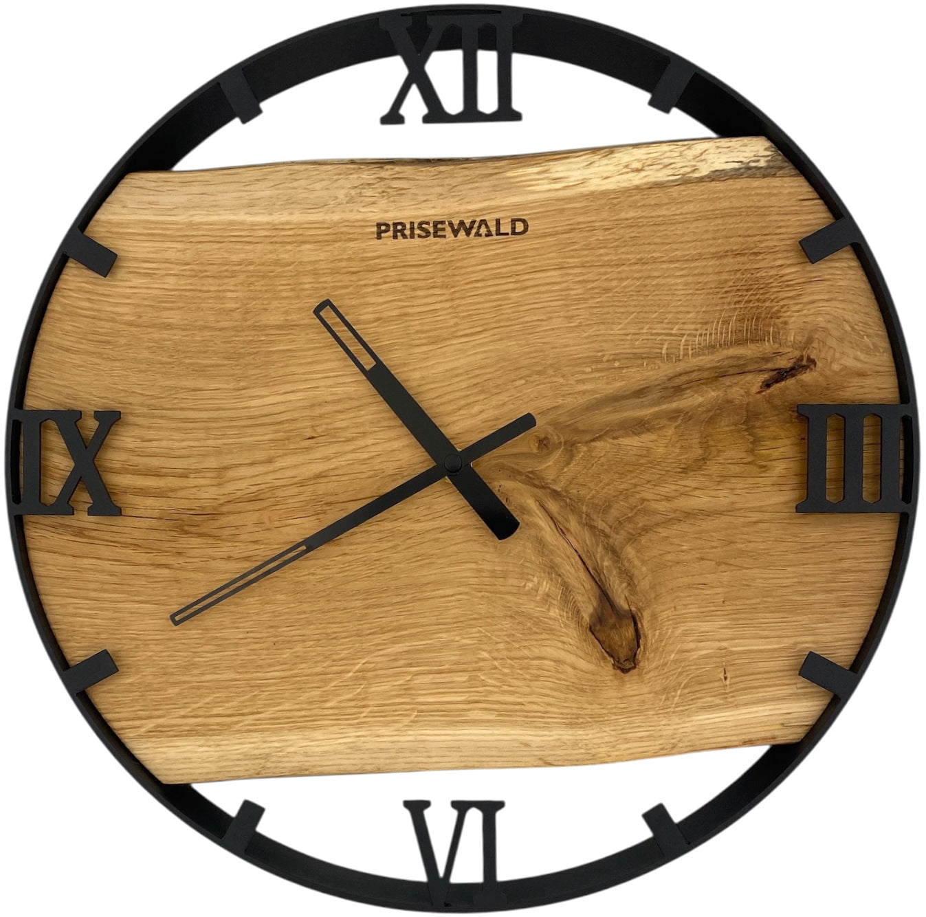 Runde Wanduhr aus Eichenholz, 35 cm, schwarzer Rahmen, römische Ziffern
