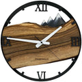 Runde Wanduhr aus Walnussholz, 35 cm, schwarzer Rahmen, römische Ziffern, schwarzes Epoxidharz, Schneebedeckte Berge im Hintergrund