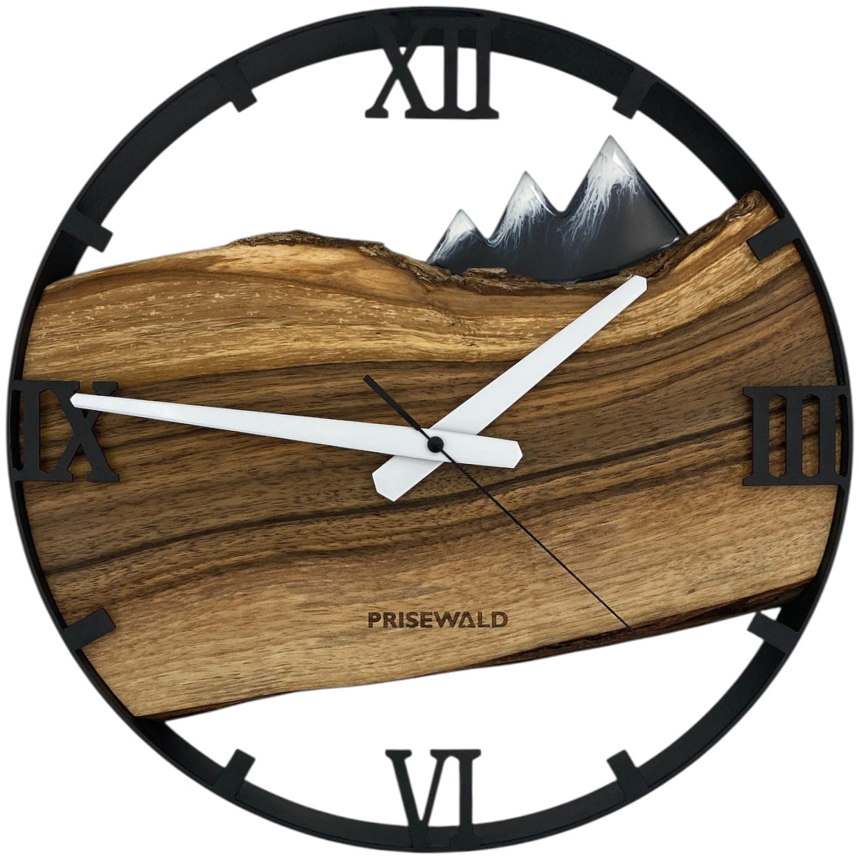 Runde Wanduhr aus Walnussholz, 35 cm, schwarzer Rahmen, römische Ziffern, schwarzes Epoxidharz, Schneebedeckte Berge im Hintergrund