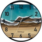 Runde Wanduhr aus Walnussholz, 35 cm, schwarzer Rahmen, arabische Ziffern, türkises Epoxidharz