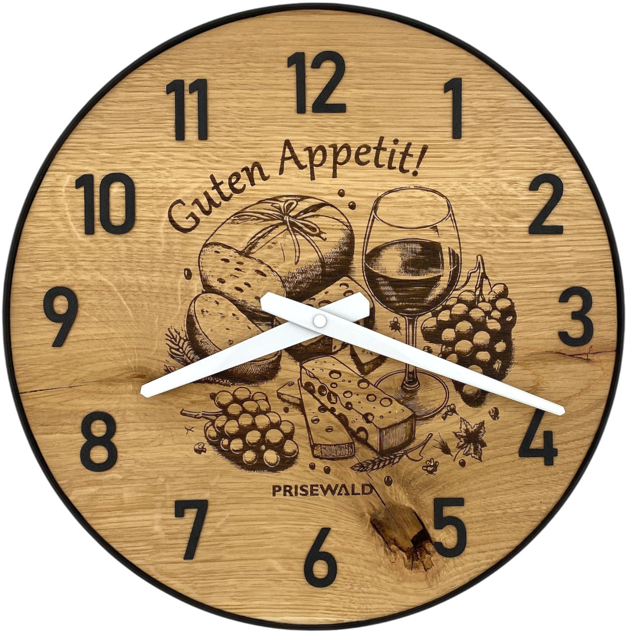 Runde Wanduhr aus Eichenholz, 35 cm, schwarzer Rahmen, arabische Ziffern, Käseplatte und Wein, Guten Appetit