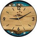 Runde Wanduhr aus Eichenholz, 35 cm, schwarzer Rahmen, arabische Ziffern, türkises Epoxidharz, Steine, Muscheln, Insel auf Pfählen