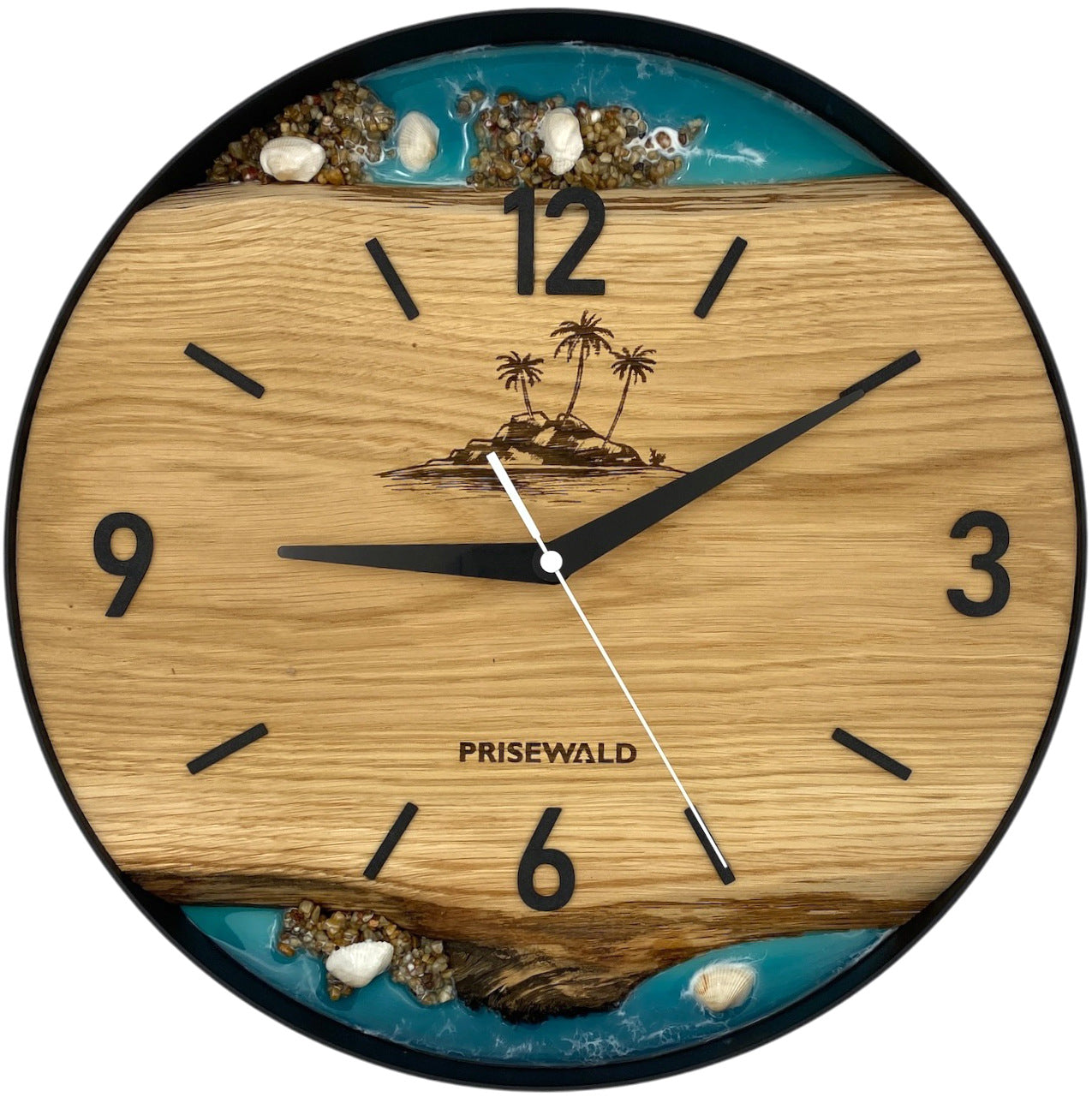 Round oak wall clock, 50 cm, black frame, dash numerals, turquoise epoxy resin, green moss, stones, two turtles