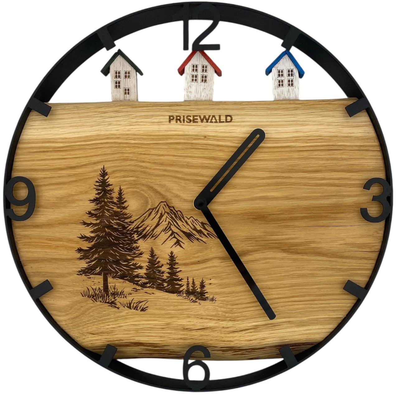 Horloge murale ronde en chêne, 35 cm, cadre noir, chiffres arabes, conifères