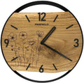 Runde Wanduhr aus Eichenholz, 35 cm, schwarzer Rahmen, arabische Ziffern, Blumen